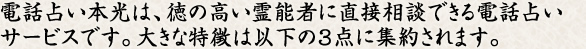 電話占い本光は、徳の高い霊能者に直接相談できる電話占いサービスです。大きな特徴は以下の３点に集約されます。